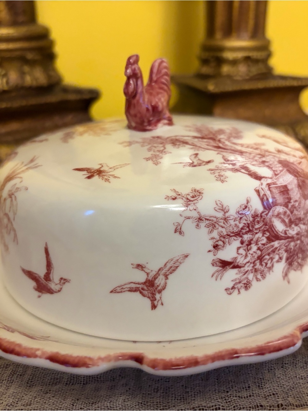 Vintage Aux Au Provence Covered Butter Dish Red Transferware Rooster